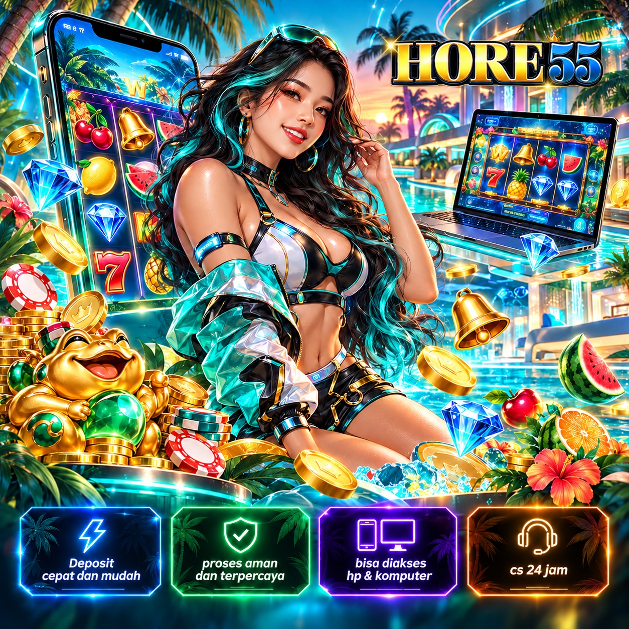 Banner Poster HORE55 tema tropical neon dan game online